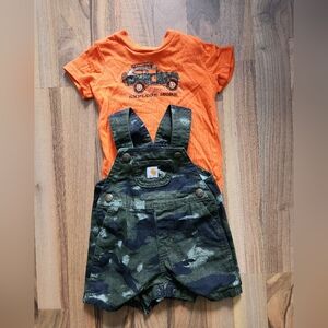 Carhartt Orange Onesie and Camo Overalls Set 9M
